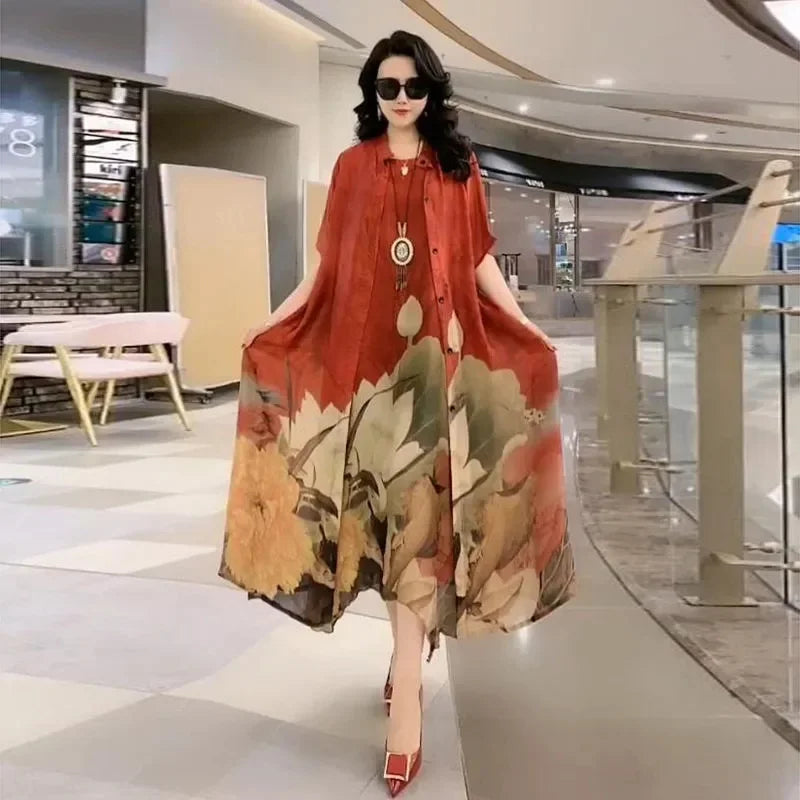 High Atmospheric Elegant Silk Dress Two-piece set 2024 Summer New Westernized Mulberry Silk Large Size Temperament Long Set Skir
