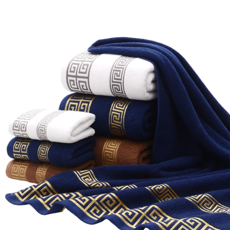 Inyahome Set of 3 Bathroom Cotton Towels Set Embroidered Luxury 2 Hand Towels 35x75cm and Big Bath Towels 70x140cm Washcloth