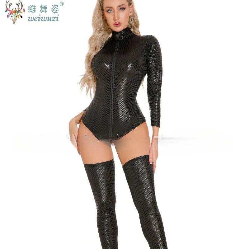 Lingerie Women Latex Leather Bodysuit with Belt Plus Size Rompers Shapewear Nightclub Outfit Cat Girl Porn Underwear