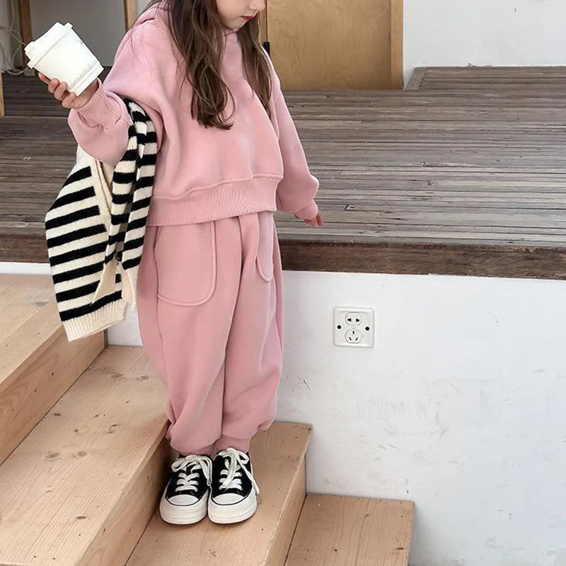 2025 Winter New Children Plus Velvet Thick Clothes Set Boys Girls Fleece Hooded Sweatshirt + Sweat Pants Suit Kids Warm Outfits