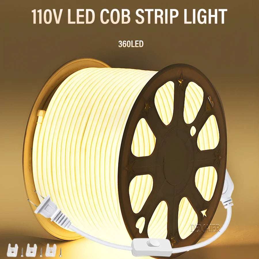 led Strip Brightness Waterproof COB LED Strip 220V Flexible Ribbon for Room Bedroom360 LEDS/m Kitchen Outdoor Garden Lighting