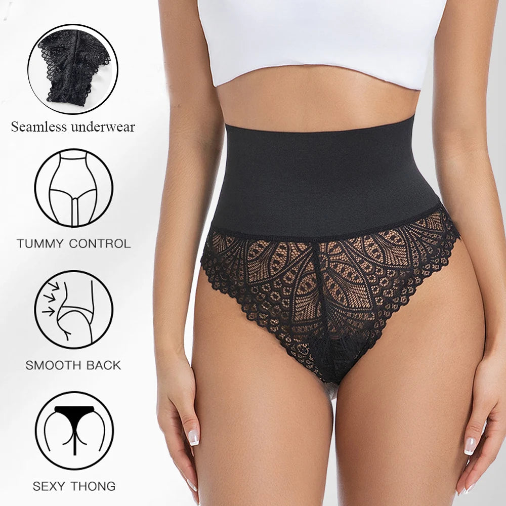 Thong Shapewear for Women Tummy Control Seamless Lace High Waist Thong Body Shaper Underwear