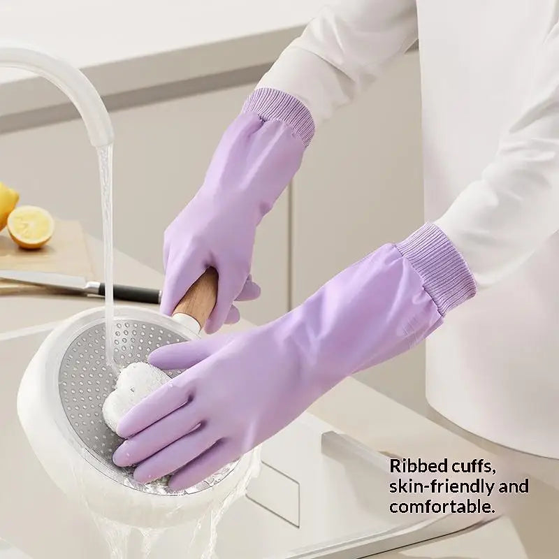 ♥Reusable Cleaning Gloves with Anti-Slip Palm Particles - Long-Sleeve Rubber Gloves for Kitchen, Dishwashing & Household Chores