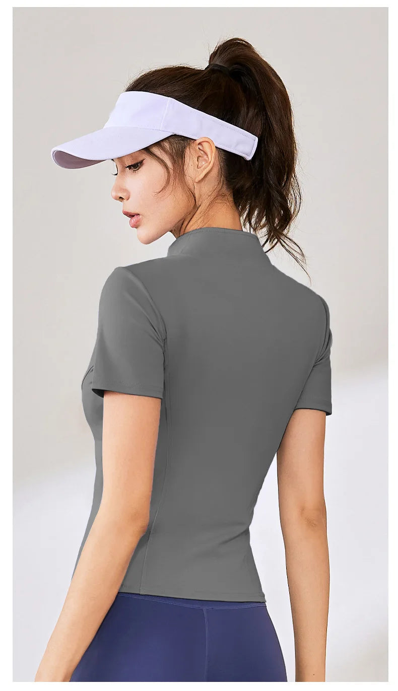Summer High Quality Waist Slimming Training Tops Women's Quick-drying Tight Stand Collar Full Zipper Short Sleeves Yoga shirts