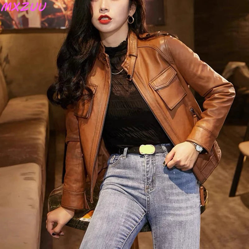 Autumn Clothes Women Genuine Sheepskin Short Locomotive Jaqueta Feminina Stand Collar Slim Vintage Versatile Brown Leather Coat