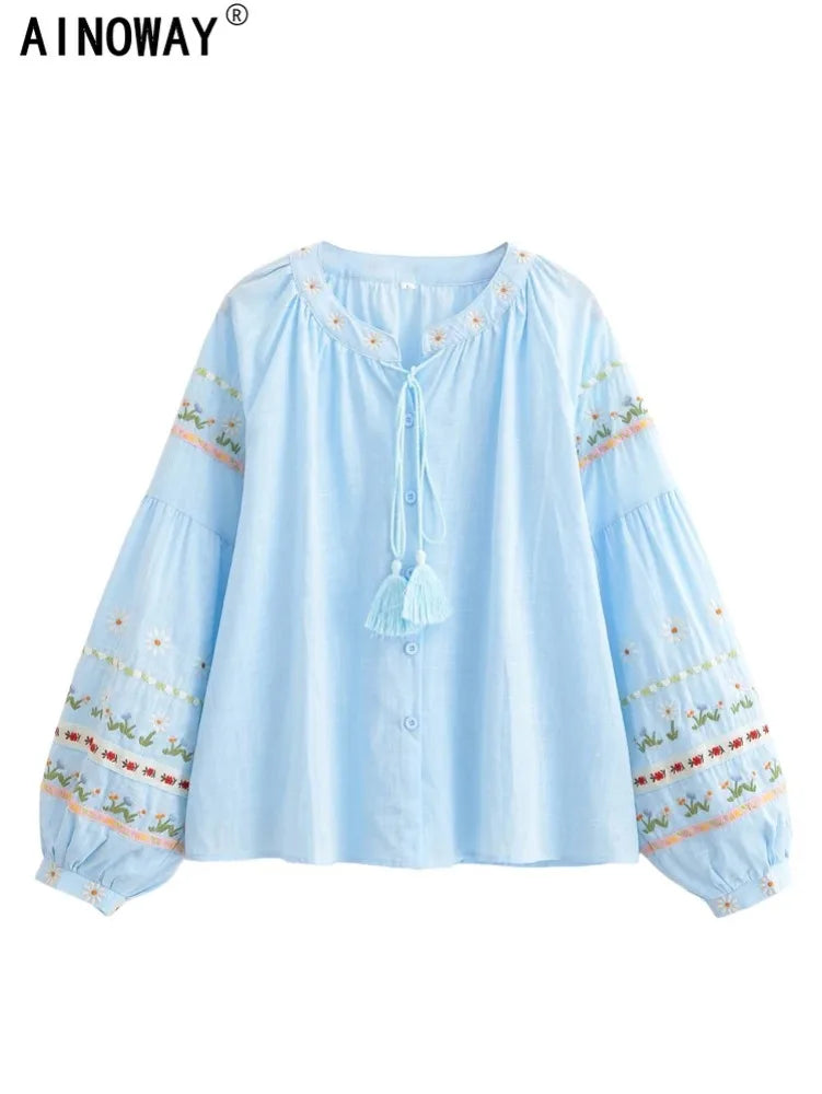 Retro Vintage Fashion Women Floral Embroidery Linen Cotton Beach Bohemian Blouse Shirts Tops Long Sleeve Loose Boho Blusas