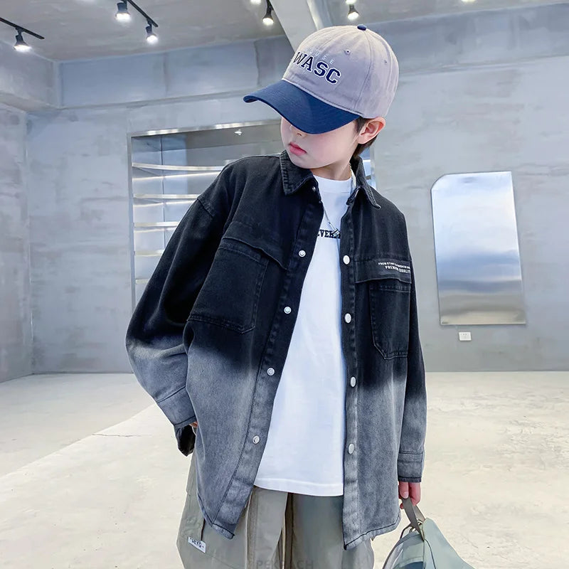 Kids Long Sleeve Shirt Clothes Denim Gradient Color Blouses Clothing Teenager Boys Fashion Streetwear Outfits Age 5 7 9 11 13 14