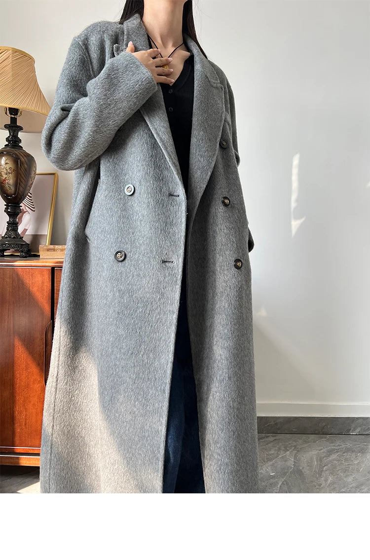 Office Lady Woolen Jackets 2024 Autumn And Winter Suit Collar Double Breasted Warmer Yak Hair Loose Long Women's Wool Coats