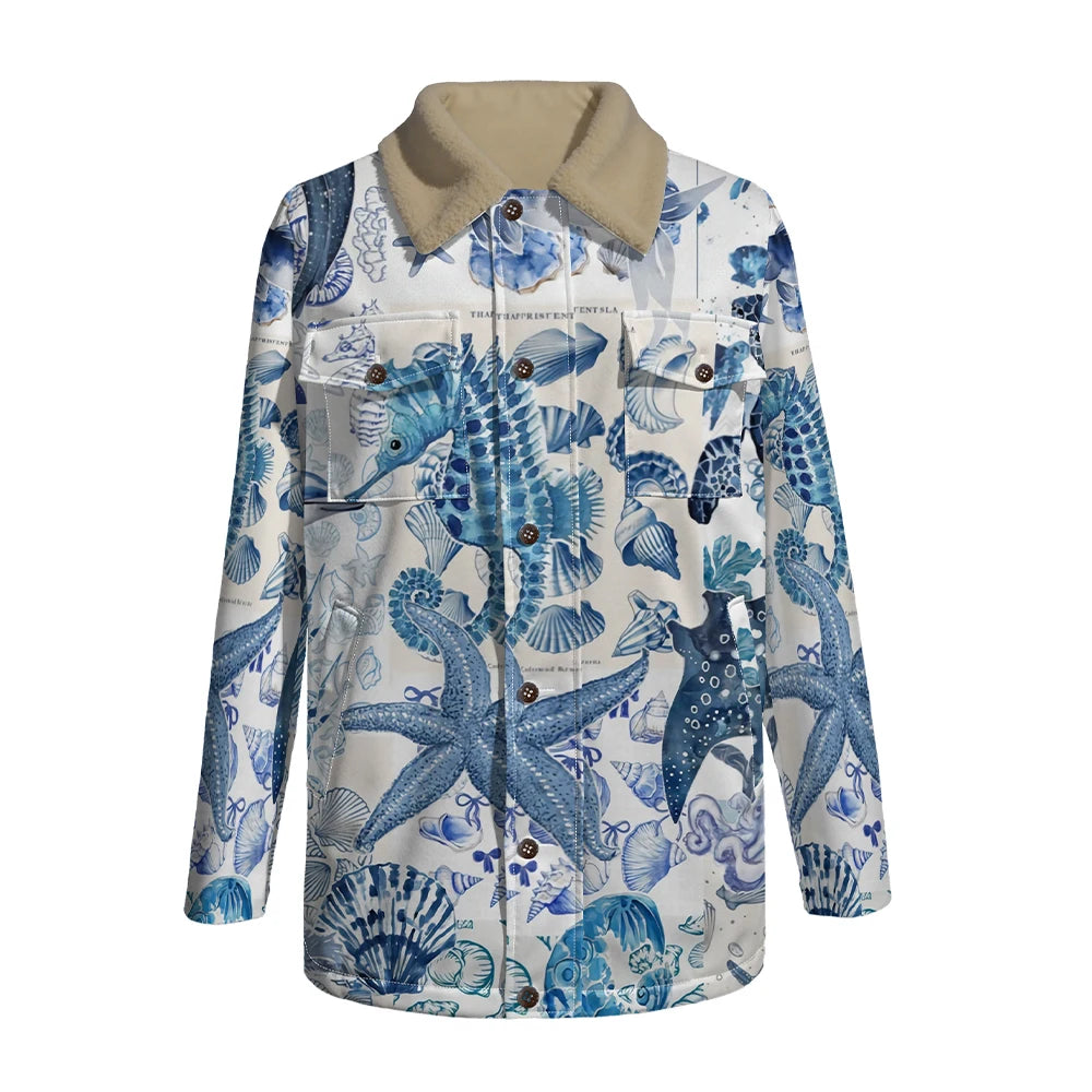 Winter Aesthetic Jacket Marine Life Print Long Coats Whale Turtle Jellyfish Pattern Faux Fur Collar Unisex Coastal Style