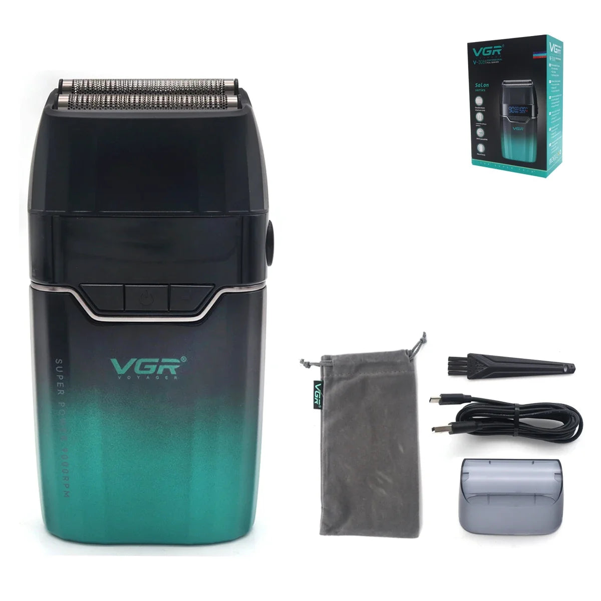 VGR V308 Beard Trimmer for Men Double Foil Full Metal LCD Display 9000RPM Electric Shaver Barber Professional Barber Machines