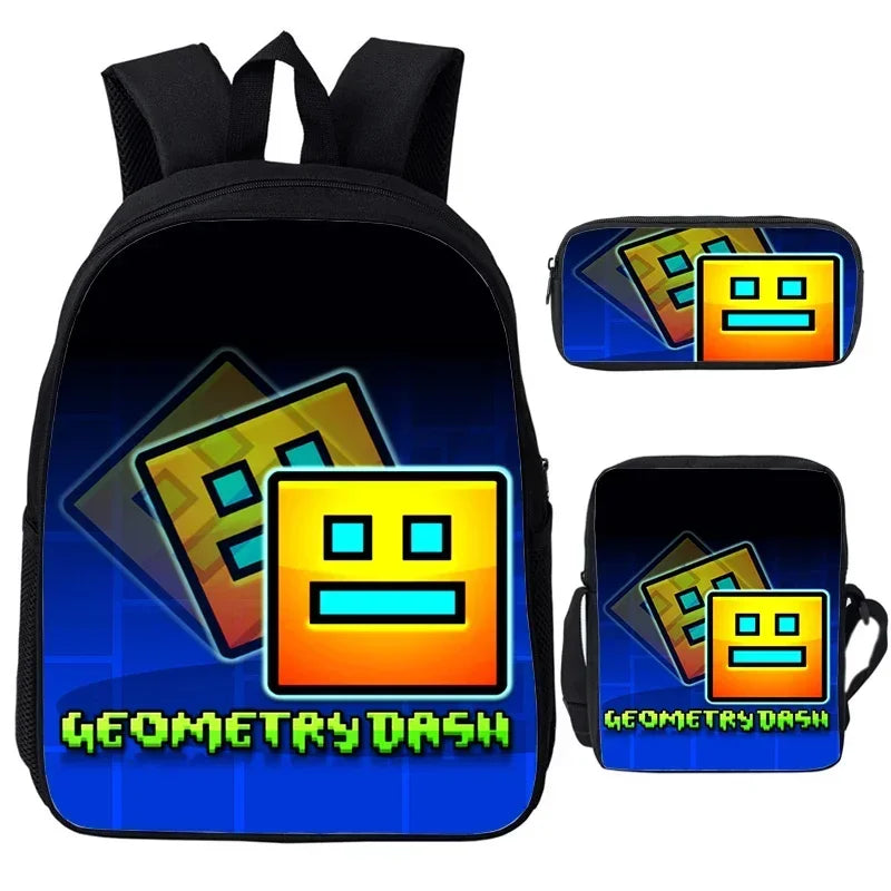 Large Capacity Bookbag 3pcs Set Boys Girls School Bags Angry Geometry Dash Cartoon Print Children Backpack Back To School Gifts