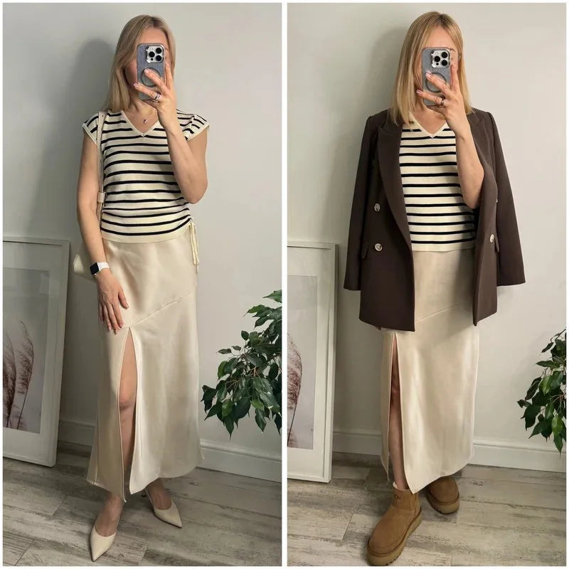 Summer Satin Skirts For Woman Office Maxi A Line Black Silk Skirts With Slit Lady High Waist Women Patchwork Skirt Long Elegant