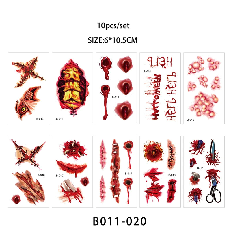 Day of the Dead Halloween Tattoos Stickers Temporary Bloodstain Wound Costume Party Festival Celebration Make Up Arm Face Tattoo