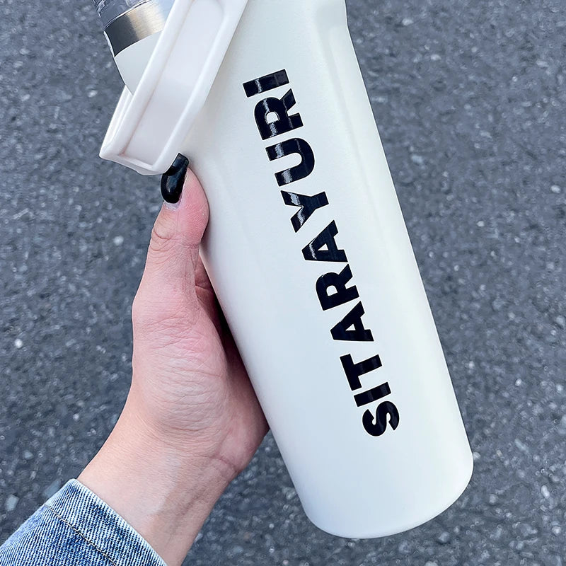1pc 800ml magnetic lid insulated water bottle, minimalist letter print handle water cup, office and outdoor insulated cup