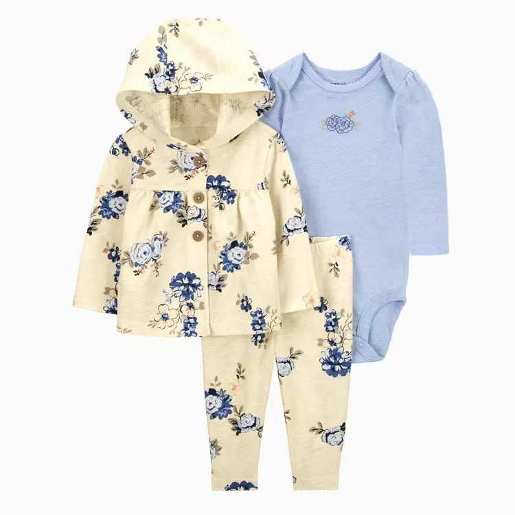Newborn Infant Baby Girl Boy Clothes Sets Spring Autumn Cotton Long-Sleeve Hooded Coat+Romper+Trousers 3PCS Warm Kids Clothes