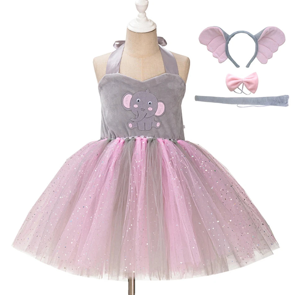 Girl Cartoon Raccoon Sloth Koala Piggy Rabbit Tutu Sling Dress Children Cosplay Festival Performance Dance Costume Headband Sets