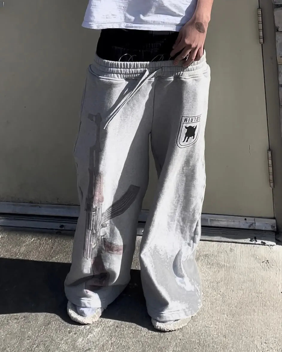 Grey pair of trousers sweatpants men and women gothic hip-hop embroidered embroidered pants casual elastic waist jogging pants