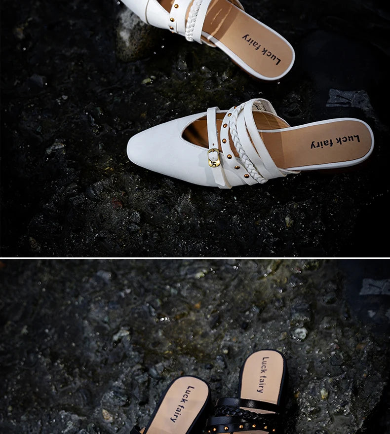 Ods Footwear Designer Rivet Women Flats Slippers Shoes Mules Female Slides Fashion Pointed Toe Ladies Flats Slippers Sandals 40