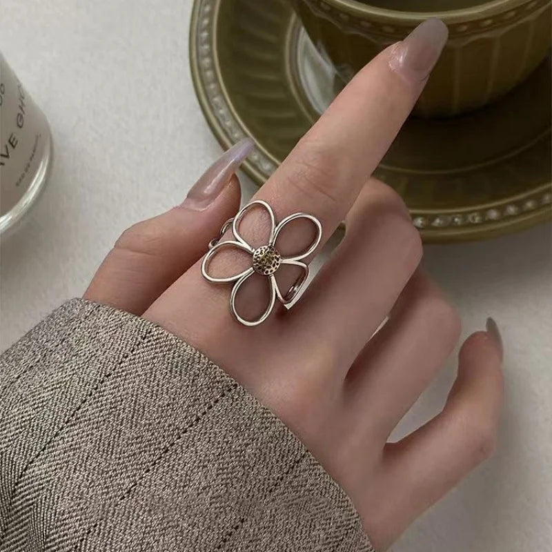 Sterling Silve Flower Ring for Women Gift Hollow Out Design Retro Hip Hop Versatile Jewelry Party Gift Dropship