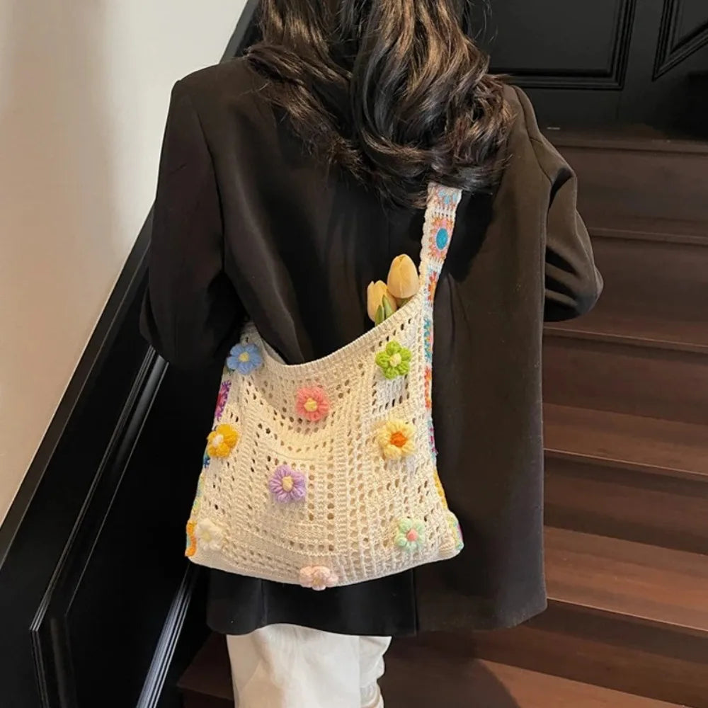 Fashion Large Capacity Women Shoulder Bag Floral Crochet Vintage Handbag Boho Hollow Out Knitted Crossbody Bags