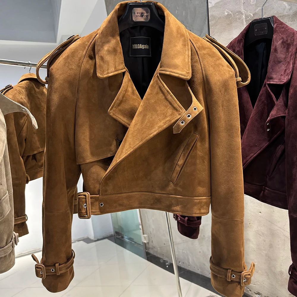 YOLOAgain Wide Shoulder Real Leather Jacket Women Oversized Genuine Leather Cropped Jacket