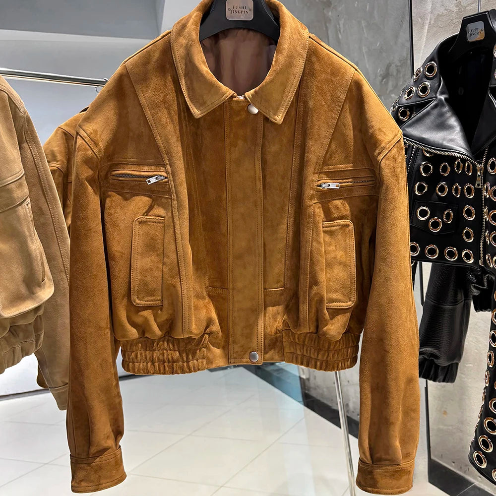 YOLOAgain 2025 Autumn Oversized Suede Jacket Women Real Leather Bomber Jacket Female