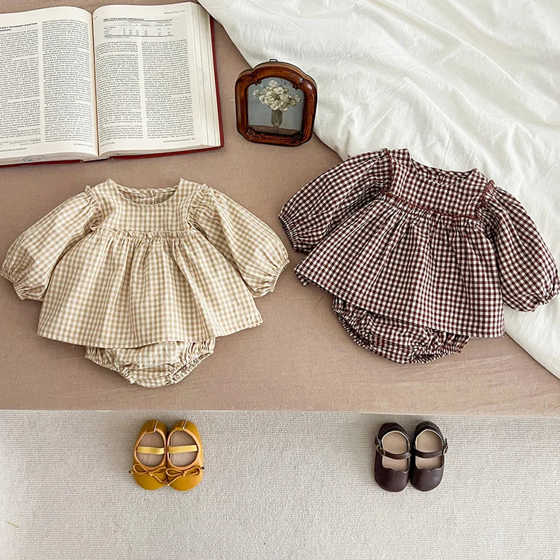 Baby Cotton Clothing Sets 0-2Yrs Autumn New Baby Girl Clothes Set Plaid Tee And Bloomer 2pcs Toddler Kids Vest + Shorts Suit