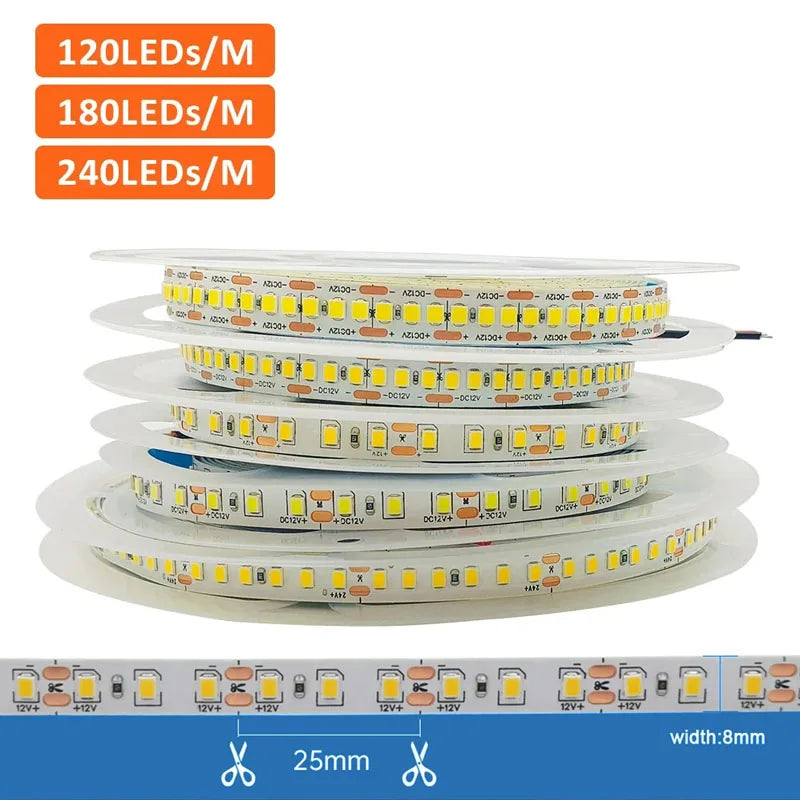 12V 24V 5m LED Strip Light 2835 120/180/240 LEDs Flexible Tape Bright 8mm PCB  Home Decoration