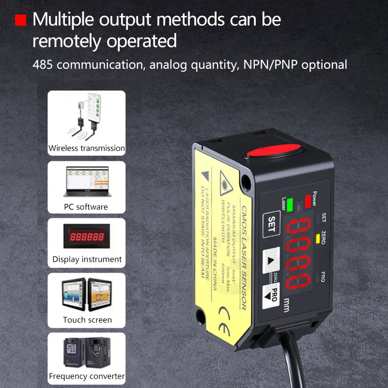 The laser displacement sensor features high-precision distance measurement and thickness detection, with rs485 switch analog out