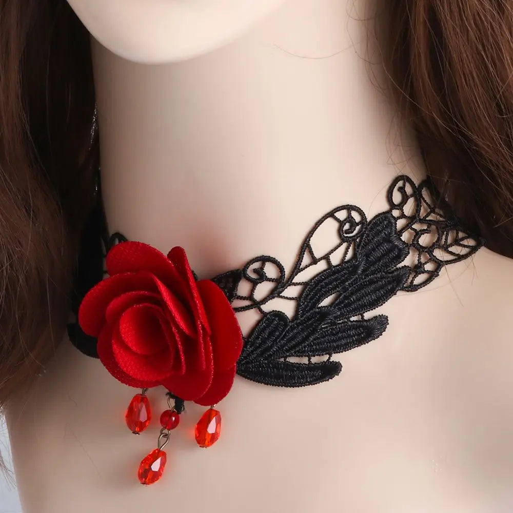 Sexy Neck Chain Steampunk Style Collar Chocker Gemstone Pendant Black Lace Gothic Necklace