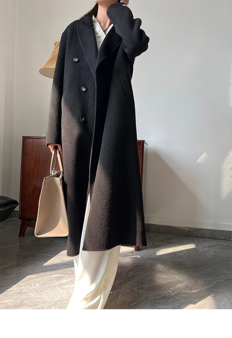 Office Lady Woolen Jackets 2024 Autumn And Winter Suit Collar Double Breasted Warmer Yak Hair Loose Long Women's Wool Coats