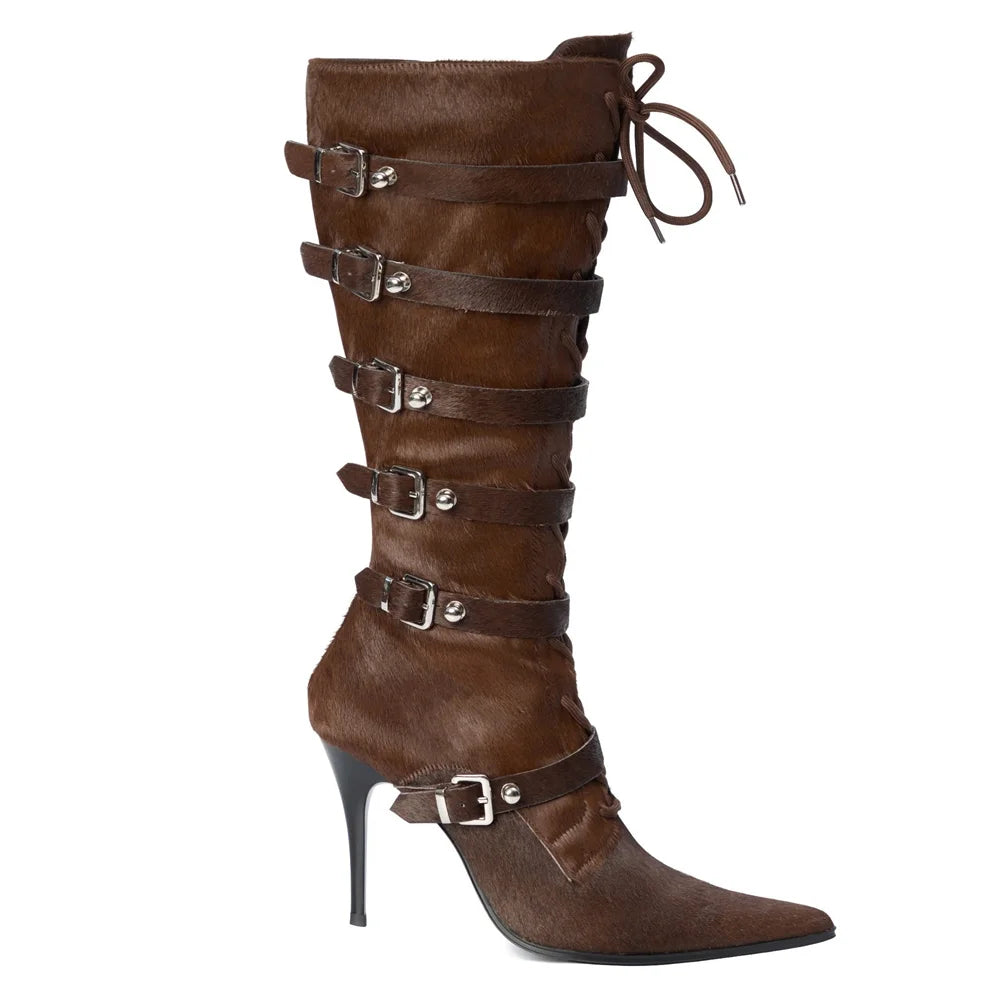 Horsehair Metal Rivet Buckle Betl Long Boots Thick Heel Sexy Pointed Toe Zipper New Arrivals Fashion Women Modern Boots