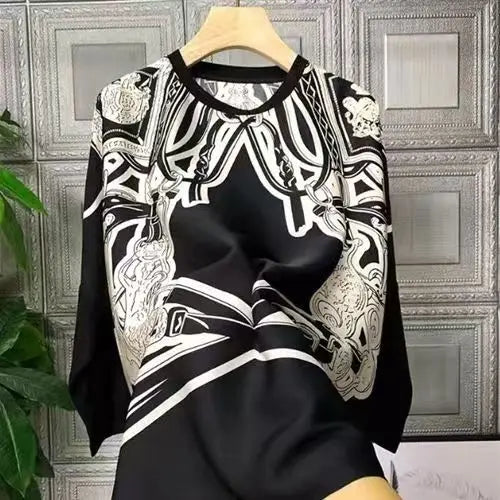 Simulated Silk Top with Draping Effect and Brand Bat Sleeves Retro Printed Loose Satin Chiffon Shirt for Women
