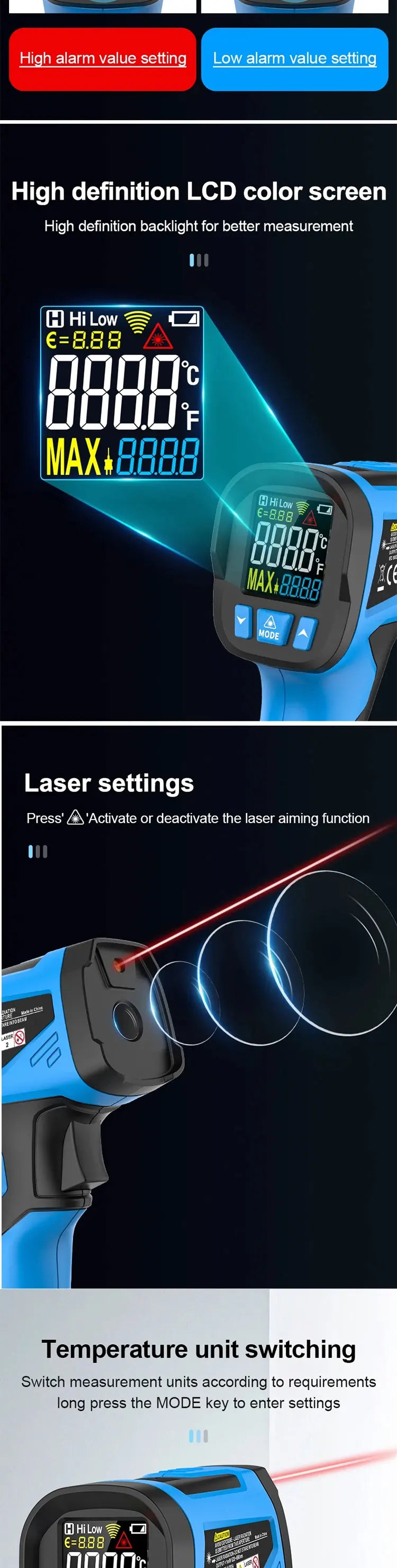 Infrared Thermometer 600~800°C Kitchen Digital Laser Temperature Meter Non-contact Pyrometer Food BBQ Heat meter Thermal imager