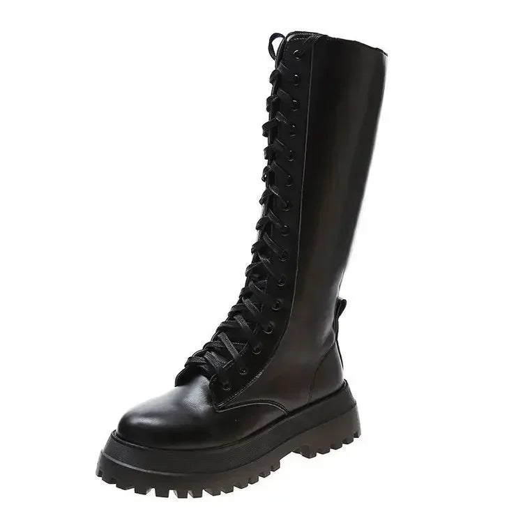Women Motorcycle Boots Wedges Flat Shoes Woman High Heel Platform PU Leather Boots Lace Up Women Shoes Black Boots Girls2021