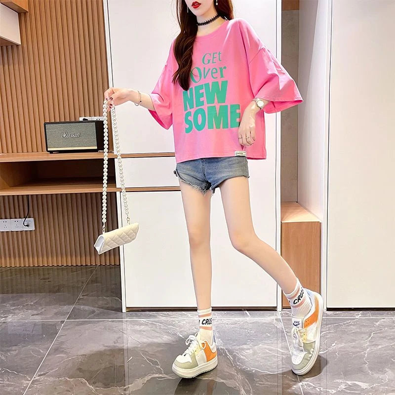 Women's T-shirt Summer Outfit Graphic Short Sleeve Cotton Top Female Baggy Trending Clothing Korean Popular Clothes Cheap Woman
