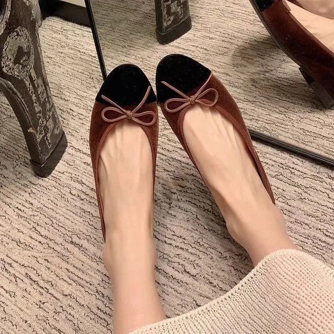 Flat Shoes for Women 2025 Spring and Autumn Round Toe Color Blocked Butterfly Bow Velvet Light Mouth Fashionable Single Shoe