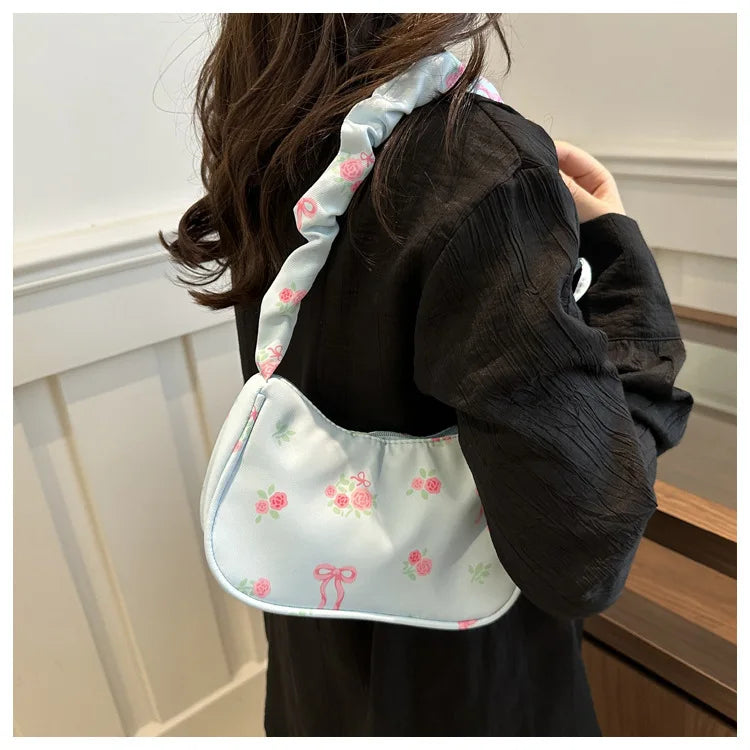 Women's Bags 2025 Summer Nylon Pleated Handbags Armpit Bag Korean Floral Bow Printed Zipper Tote Bag Female Small Shoulder Bags