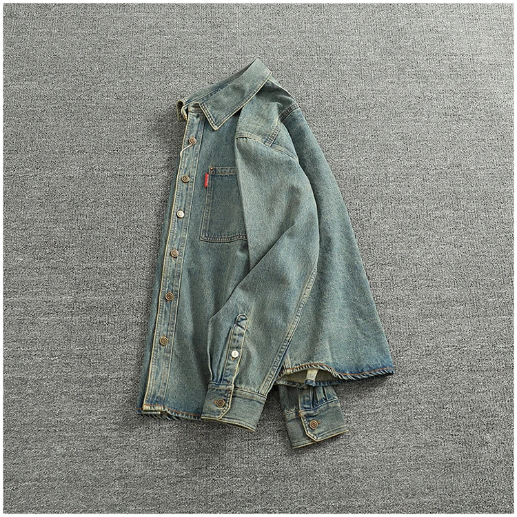 Spring Autumn New American Retro Long-Sleeve Lapel Solid Color Denim Shirt Men's Fashion 100% Cotton Washed Old Casual Blouses