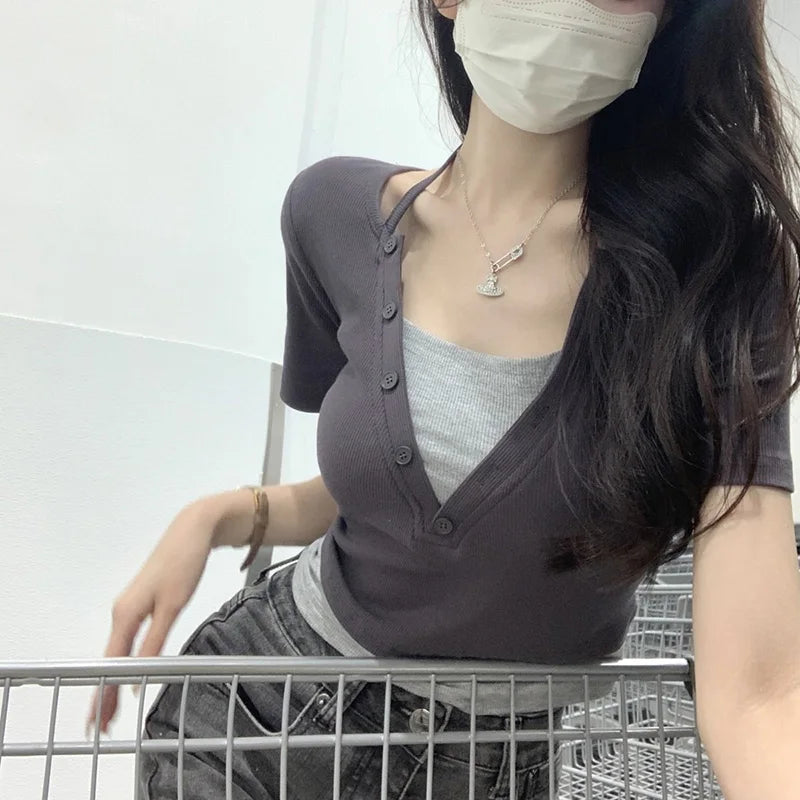 Summer Women Sexy Club Bodycon Tops Lady Hanging Neck Crop Short Sleeved T-shirts Female Fashion Comfortable Black Gray Clothes