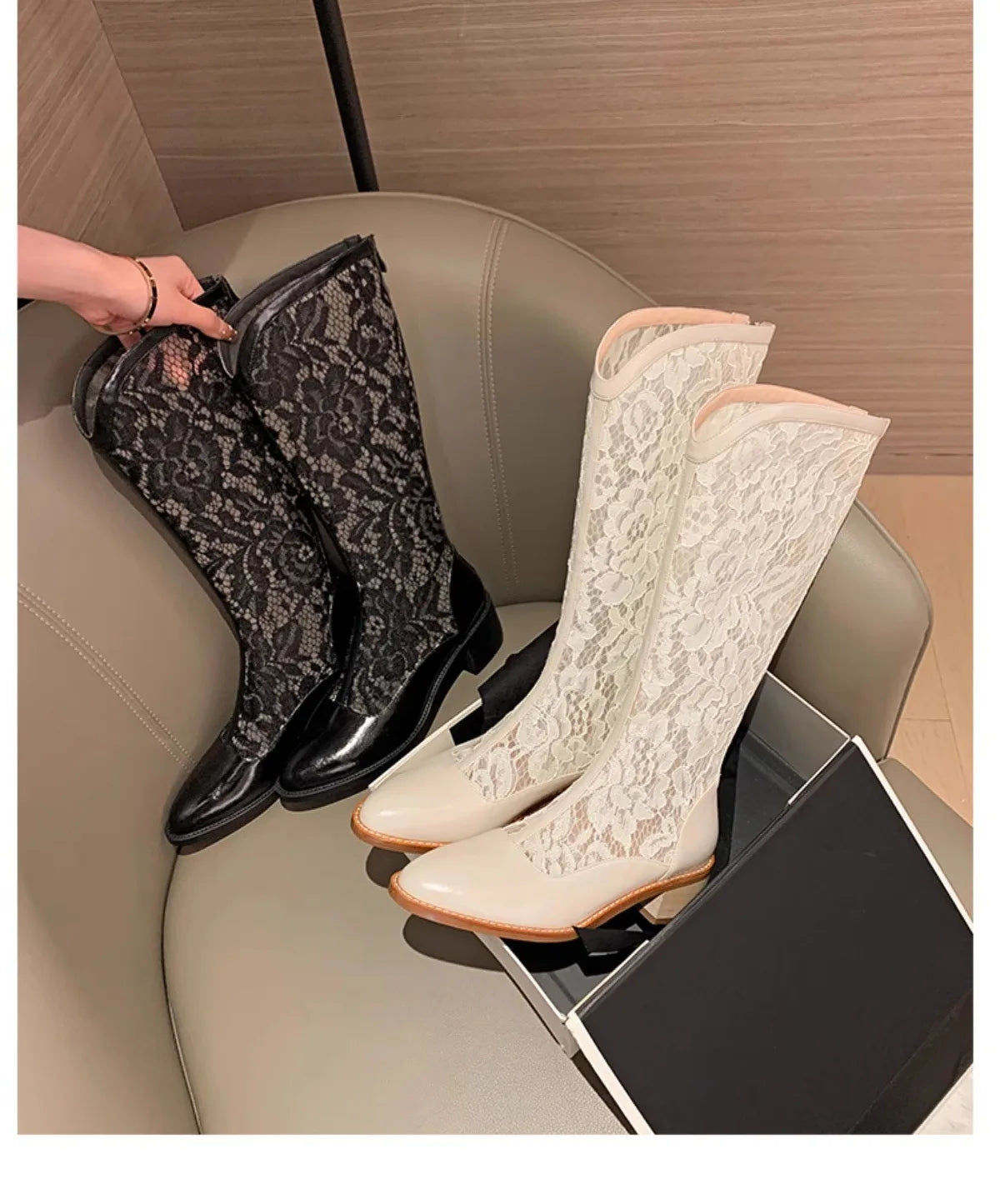 Woman Fashion Lace Flower Boots Thick Heel Pointed Toe Mid-calf Boots Female Footwear Summer Size 41 Breathable Botas De Mujer