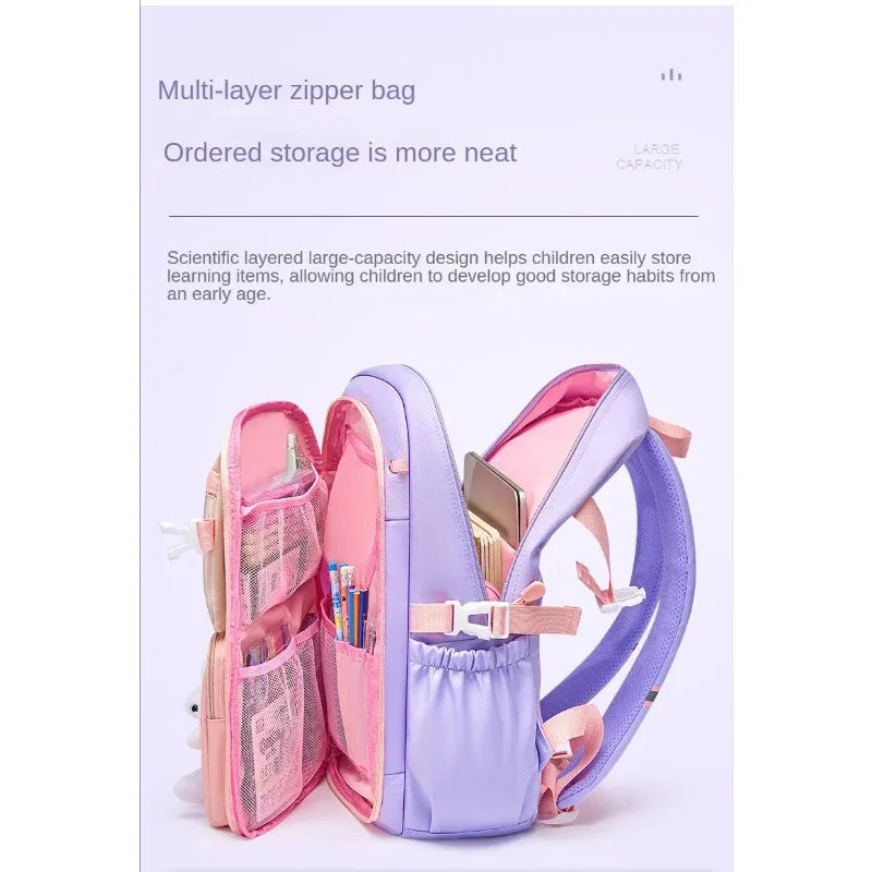 School Bag Oxford Cloth Polyester Waterproof Cute Cartoon Backpack Girls Spine Protection Rucksack Daily Campus Commuting Bag