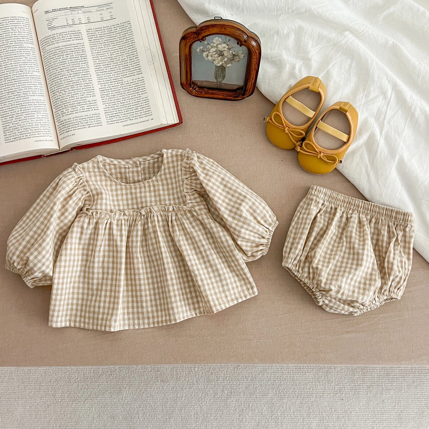 Baby Cotton Clothing Sets 0-2Yrs Autumn New Baby Girl Clothes Set Plaid Tee And Bloomer 2pcs Toddler Kids Vest + Shorts Suit