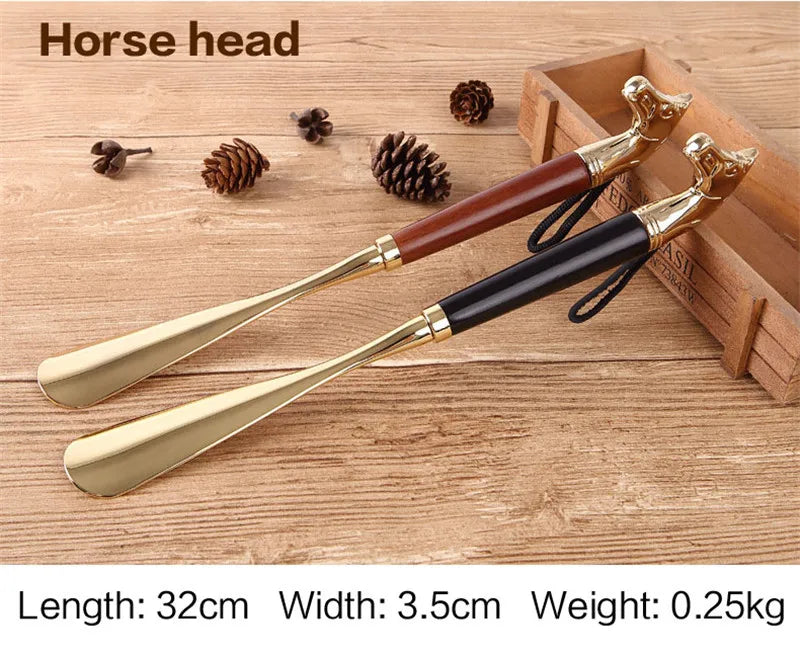 High-quality Delicate Lion Horse Head Metal Shoe Horn Luxury Shoe Pull-on Non-bending Alloy Solid Wood Shoes Pull-on Apparatus