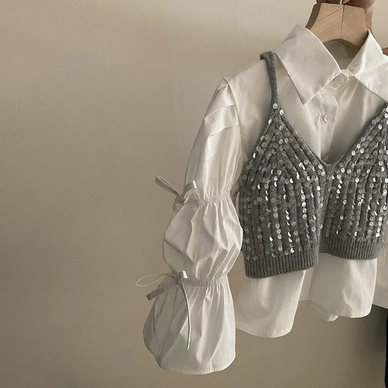 Fashion Baby Girl Ruffled Bow Shirt+Sequins Vest+Pant 3PCS Infant Toddler Child Clothes Set Spring Autumn Baby Clothes 1-12Y