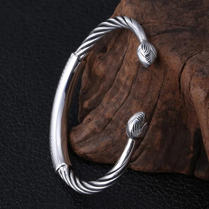Sterling Silver Personality Retro Six-Character Mantra Leather Bracelet Fashion Woven Men's Bracelet