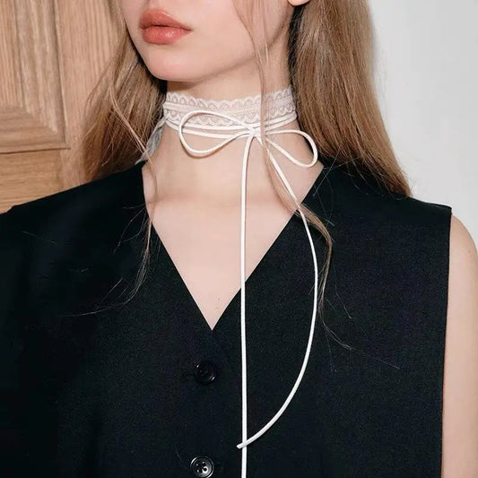 Elegant Long Rope Chain With Lace Ribbon Choker Necklace For Women Trendy Charms Ladies New Fashion Jewelry On Neck Decoration