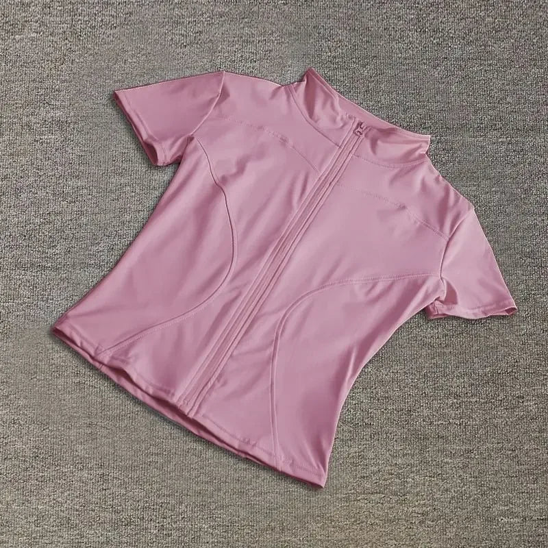 Summer High Quality Waist Slimming Training Tops Women's Quick-drying Tight Stand Collar Full Zipper Short Sleeves Yoga shirts