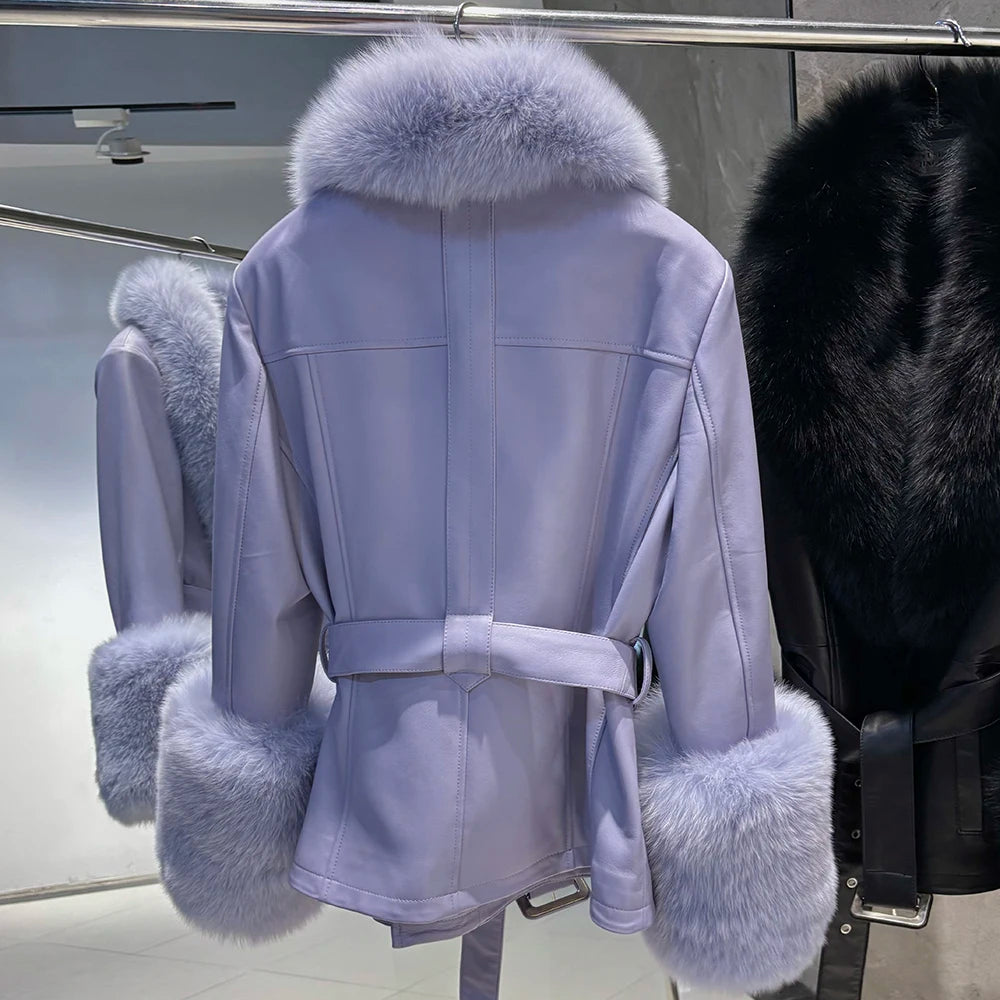 YOLOAgain Real Fox Fur Collar Genuine Leather Jacket Women