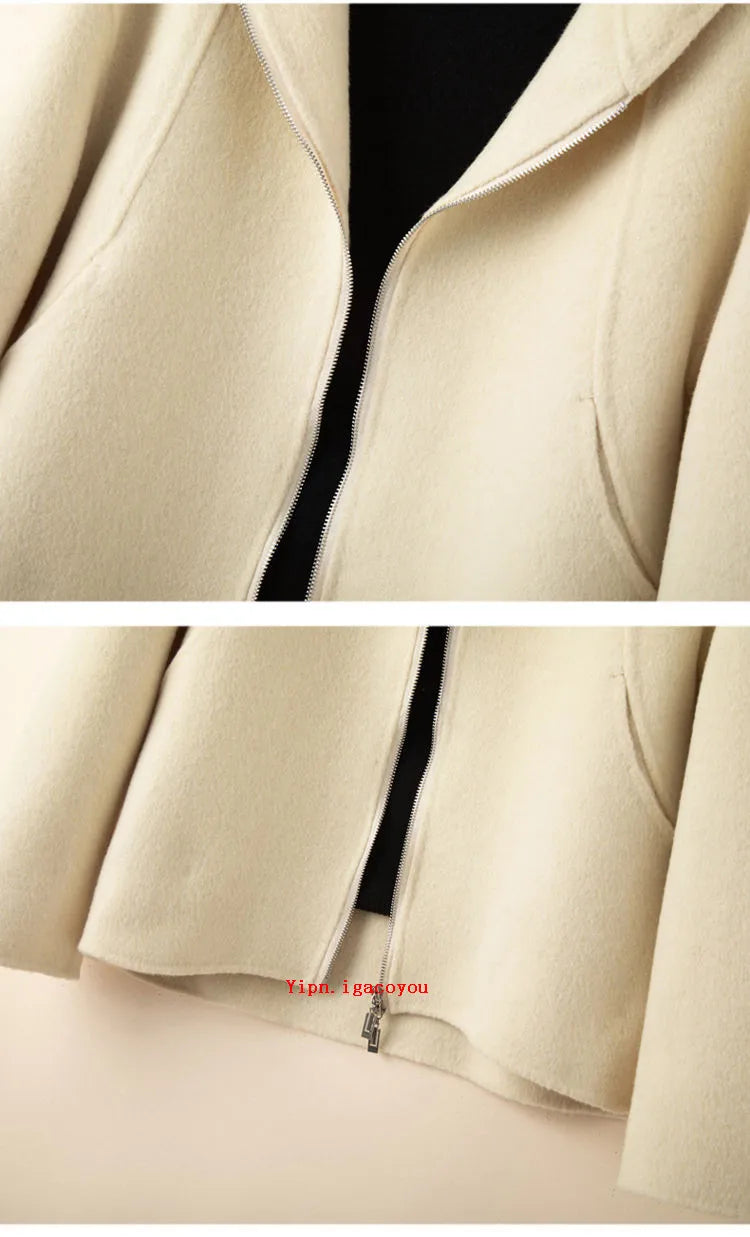 Elegant Woolen Coat Woman 2025 Winter New Fashion Pink Hooded Short Zipper Double-Sided Wool Jacket Ladies Slim Outerwear B810